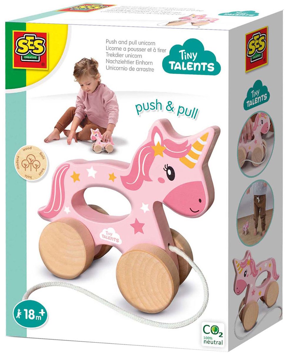 SES Creative - Tiny Talents - Trekdier 2 in 1 houten unicorn - Montessori - op maat gemaakt voor kinderhandjes - eenhoorn trekdier - Unicorn Speelgoed - Speelgoed 2 Jaar