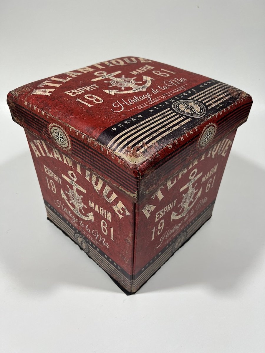 Retro opbergbox rood Opbergpoef/box Donkerbruin - Inklapbare Zitbank en Opbergbox met Deksel“Atlantique”