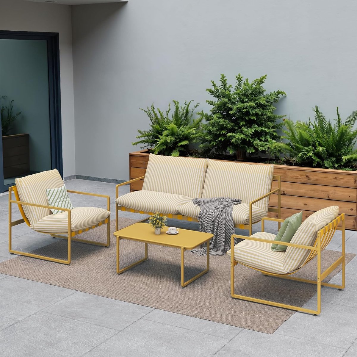 Moderne 4-Delige Carbon Grey Outdoor Loungeset met Kussens en Salontafel – 4 Persoons Tuinset van Metaal, Hout en Glas, 119 x 81 x 22 cm