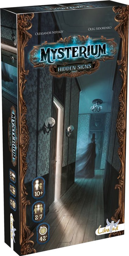 Doos van het bordspel Mysterium Hidden Signs met op de voorkant een gang met een spookfiguur.