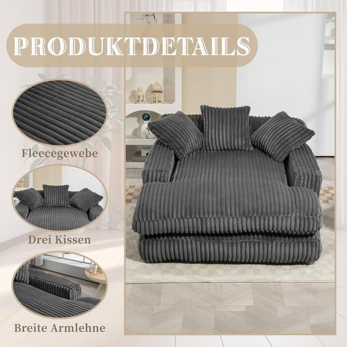 Chaise Longue Lounge Stoel 125 x 155 x 63 cm – Corduroy Relaxfauteuil met Hoge Dichtheid Schuim, Ergonomisch Ontwerp, Inclusief 3 Kussens – Donkergrijs – Geen Montage – Laura