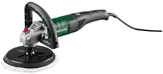 Parkside haakse polijstmachine met groen en zwart handvat. Zwarte schijf met witte polijstpad.