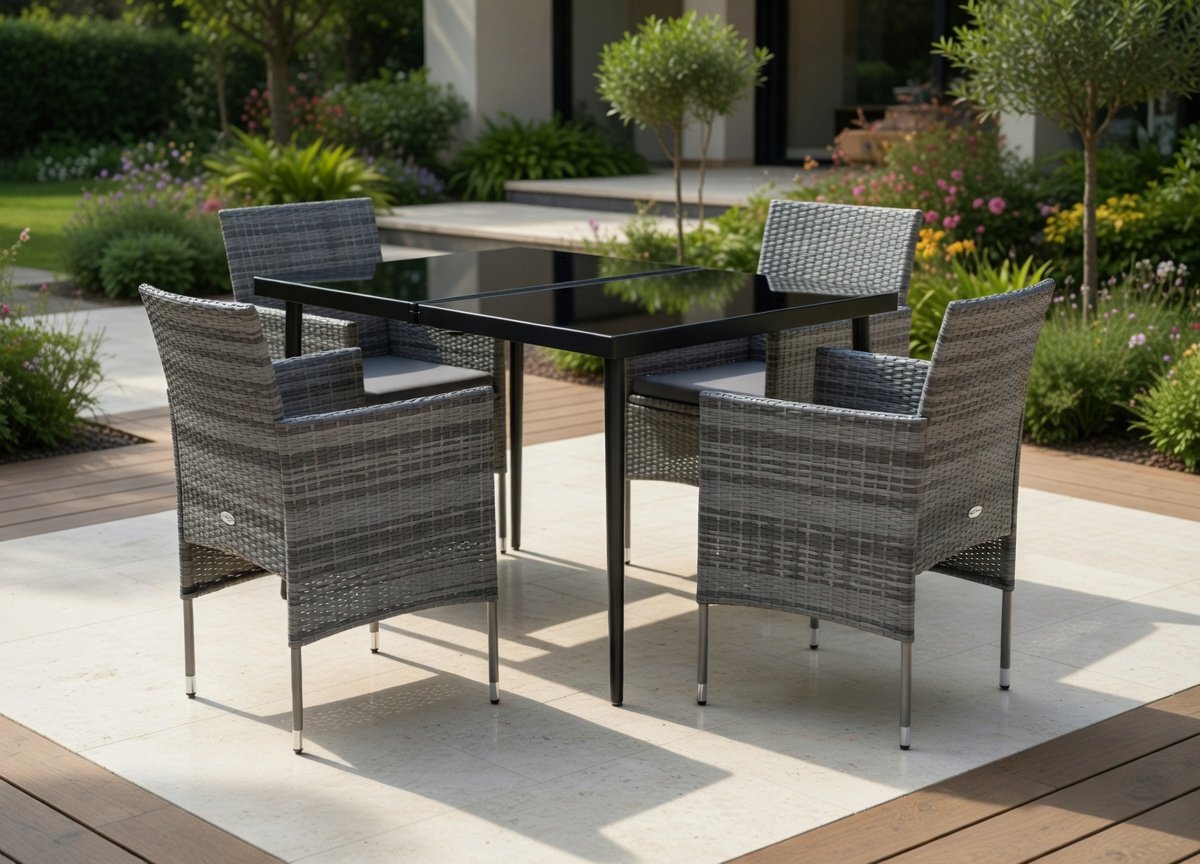 Luxe 5-Delige Poly Rattan Tuinset met Glazen Tafelblad en Comfort Kussens – 4-Persoons Weerbestendige Balkon & Tuinmeubel Set | MedaHomeStore
