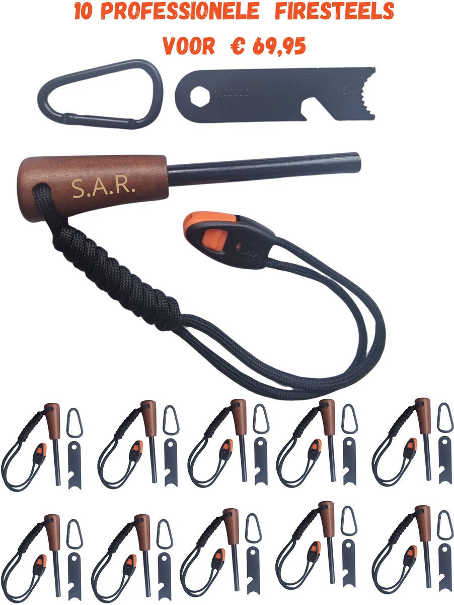 10 stuks S.A.R ( Safe&Ready) Vuurstarter kit - Vuursteen & Noodfluit - Survival Noodpakket - Magnesium Vuurstarter - Opener