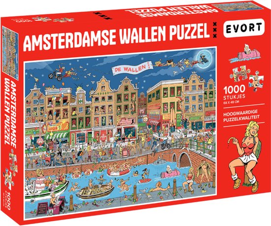 Doos van de Amsterdamse Wallen Puzzel met een illustratie van het stadsbeeld en 1000 stukjes.