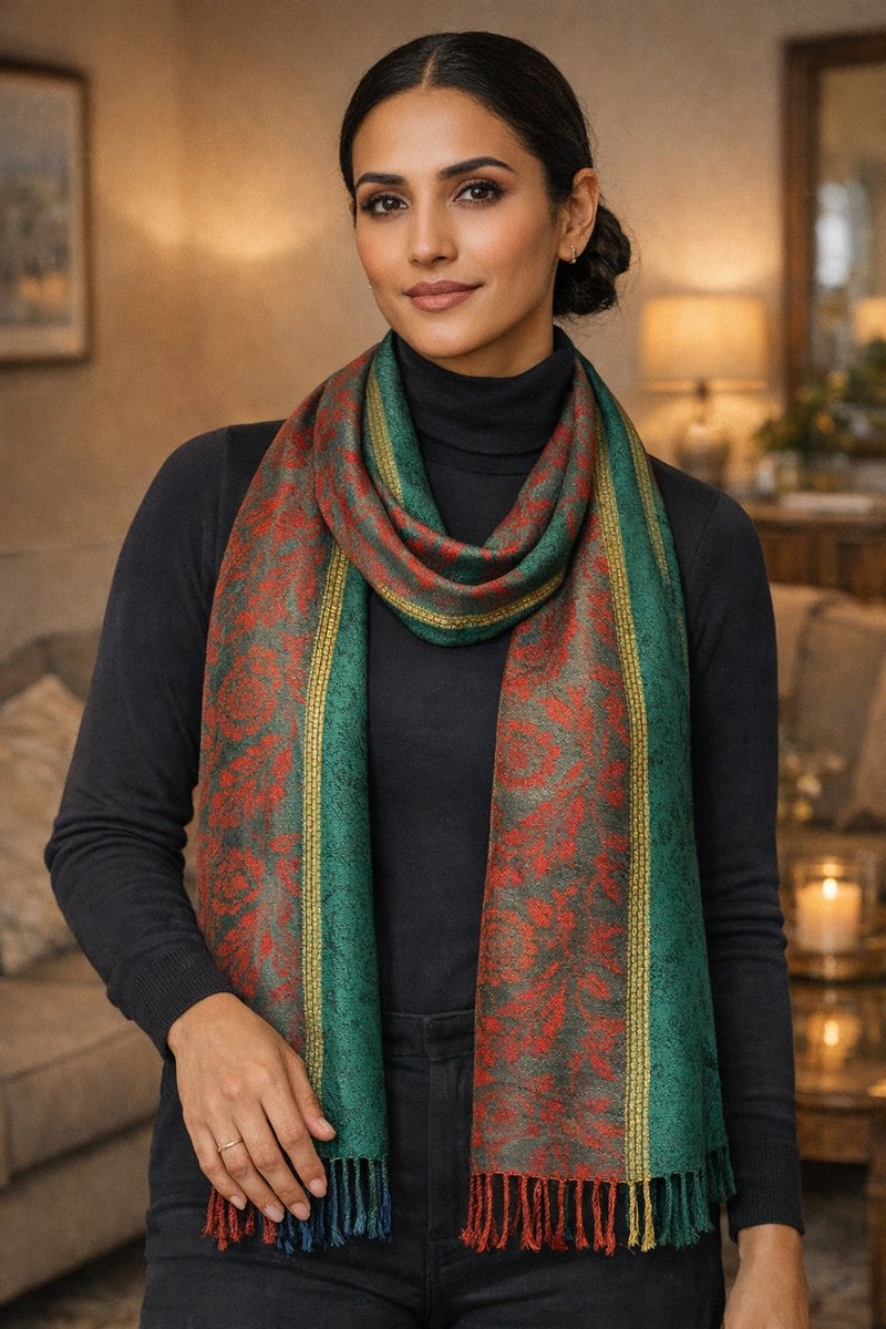 Pashmina Sjaal – Stijlvolle Sjaal Dames Zachte – Dames Sjaal met Paisley Motief – Twee‑Kleurige Elegante Herfst Winter Sjaal- Fashion Sjawl – Fijn geweven Pareo Omslagdoek 207/10- Groen met rood beige details
