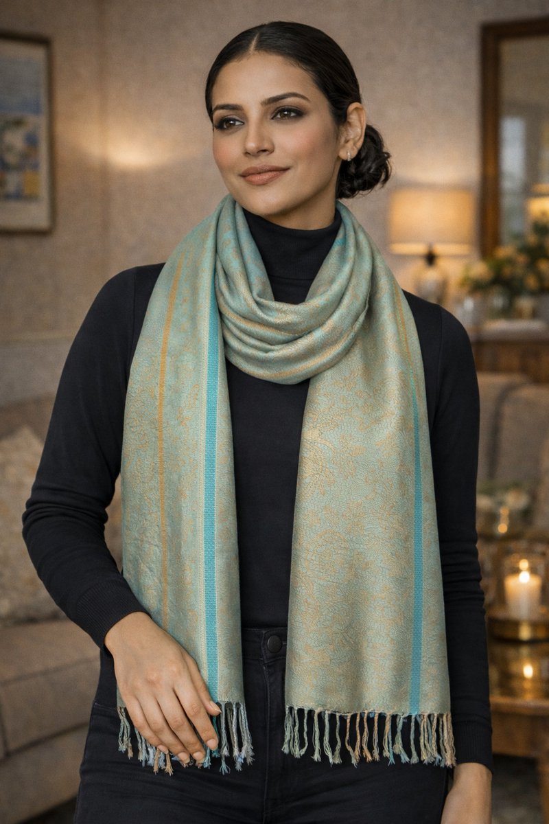 Pashmina Sjaal – Stijlvolle Sjaal Dames Zachte – Dames Sjaal met Paisley Motief – Twee‑Kleurige Elegante Herfst Winter Sjaal- Fashion Sjawl – Fijn geweven Pareo Omslagdoek 207/7- Beige, Blauw, Bruin Turquoise