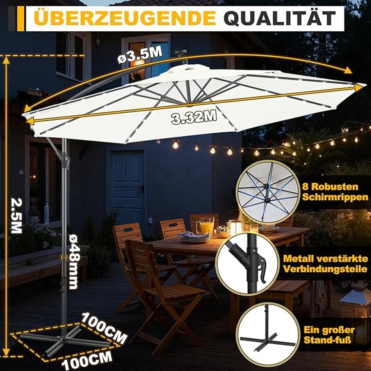 Rechthoekige Parasol 140x210 cm LED Sonnenschirm met Zonnepaneel, UV-Schutz, 30° Kantelbaar, Aluminium/Staal Gartenschirm voor Balkon, Terras & Tuin (Zonder Voet) – Bellavero