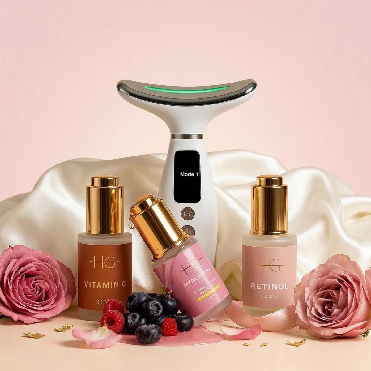 HG Aesthetics Moederdag Beauty Bundle – LED Gezichts- & Halsapparaat met Vitamine C, Hyaluronzuur & Retinol Serum + Satijnen Kussensloop