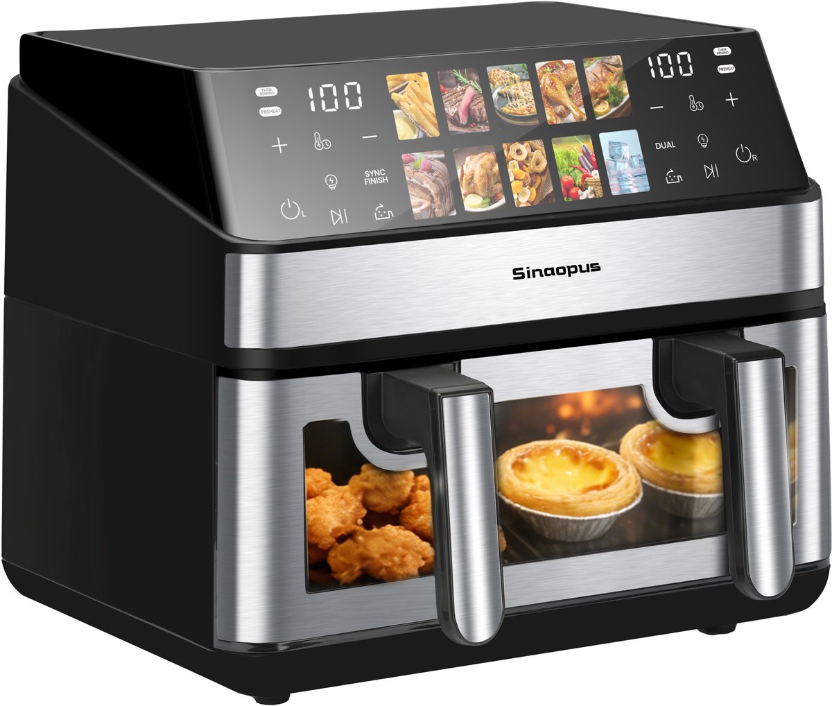 Sinaopus XXL Airfryer 8L – Met Dubbele Mand – 10 Kookprogramma’s – Onafhankelijke Snelle Opwarming – Geschikt voor Gezinnen – Kijkvenster – Eenvoudig te Reinigen – Capaciteit voor 4 tot 5 Personen