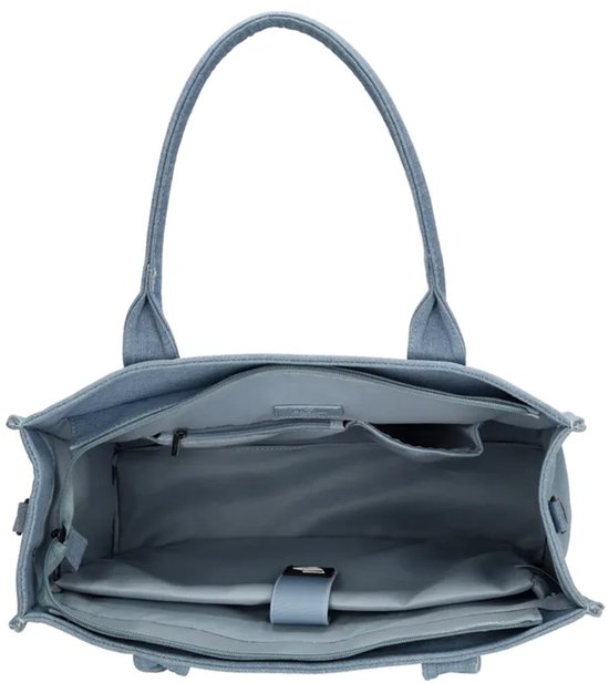 Open lichtblauwe denim shopper met compartimenten en een vak voor een laptop.