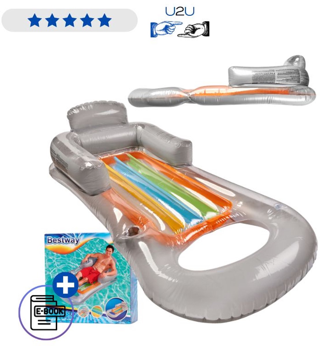 Bestway Opblaasbaar Watermatras Stoel 43028 Grijs 161 cm - Zwembad Lounge Met Rugleuning En Armsteunen - Drijvende Waterstoel Voor Strand Zwembad Meer En Vakantie Tot 90 kg Met Ebook
