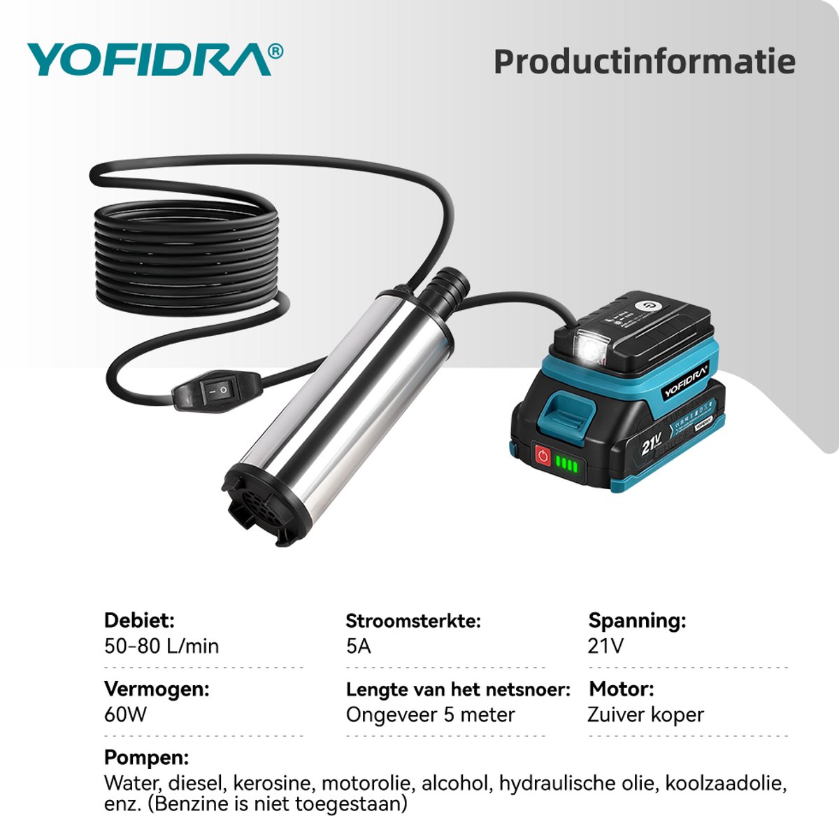 Yofidra Accu Waterpomp - Draagbare Waterpomp - Draagbare Zuigpomp - mit 2x Accu’s - Compact - voor zwembad, tuin, vijver – foto 2