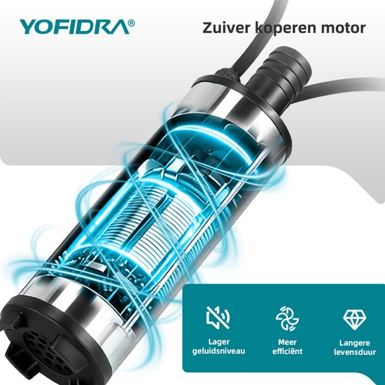 Gedetailleerde weergave van de roestvrijstalen pomp met koperen motor en aanduiding van geluidsniveau, efficiëntie en levensduur.