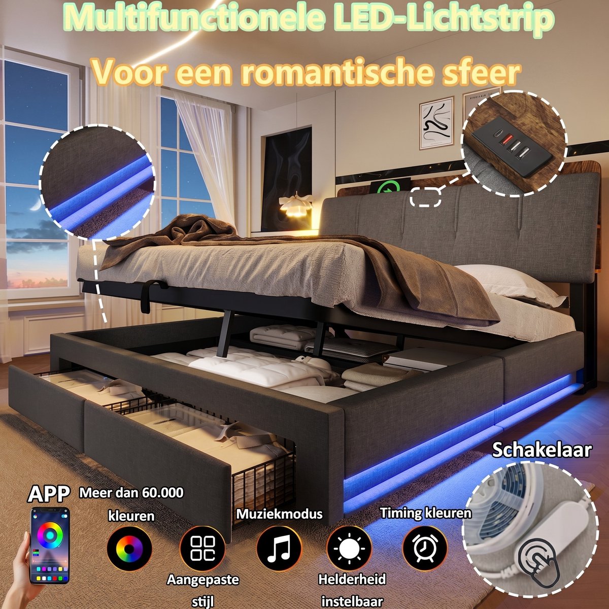 VVBV Bed met opbergruimte 140x200 / Gestoffeerd bed 140x200 / Tweepersoonsbed 140x200 – met Hydraulische Opbergruimte, Lades, LED-Verlichting, USB, USB-C Grey