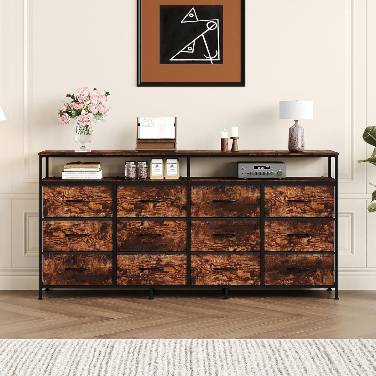 Ladekast - Lange Dresser TV-Meubel met 12 Laden en Open Planken - 160 cm Breed - Multifunc