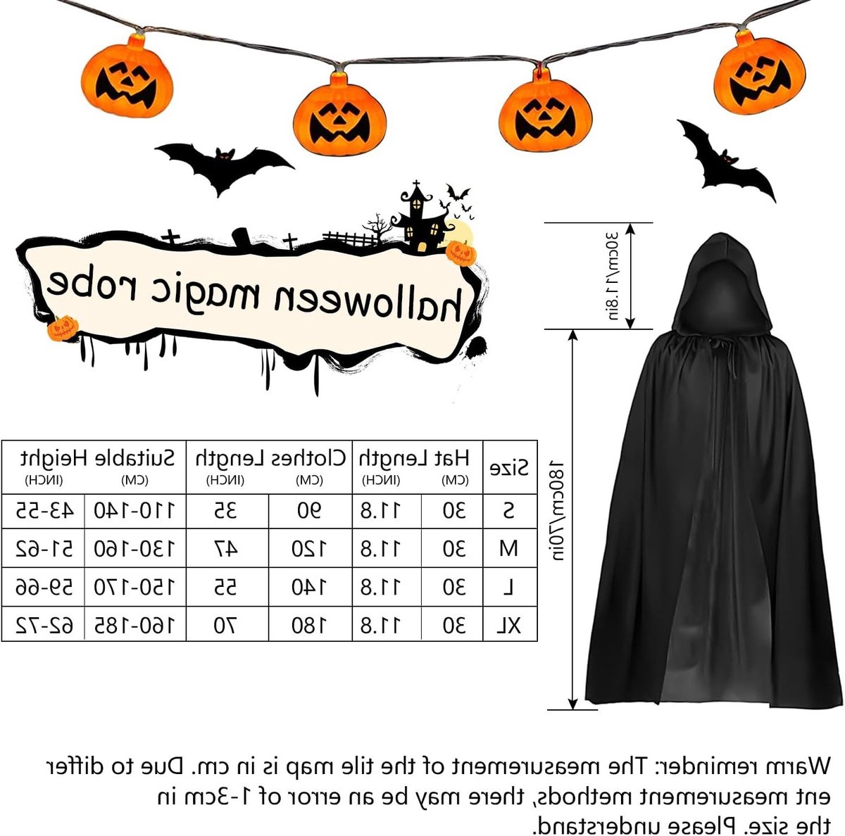 Zwarte Cape met Kap voor Volwassenen, Lange Vampier Kostuum voor Halloween, Carnaval en Feestjes (180 cm)