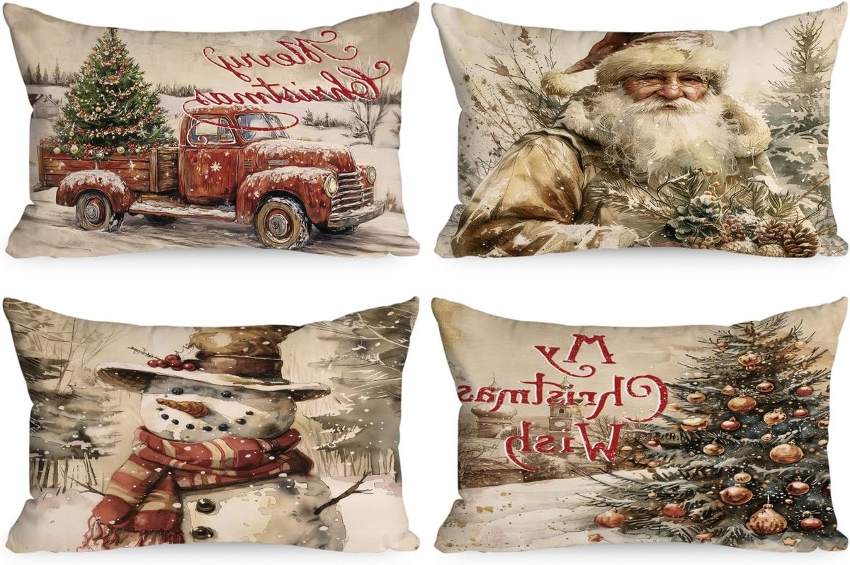 Set van 4 Kerst Kussenhoezen 12 x 20, Vintage Kerstboom, Kersttruck, Sneeuwman en Kerstman, Decoratieve Kussens voor Bank en Thuisgebruik