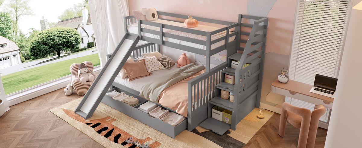 Stapelbed Met Glijbaan - Kinderbed Met Opbergruimte En Lades - 90x200/140x200 - Grijs - Massief Grenenhout