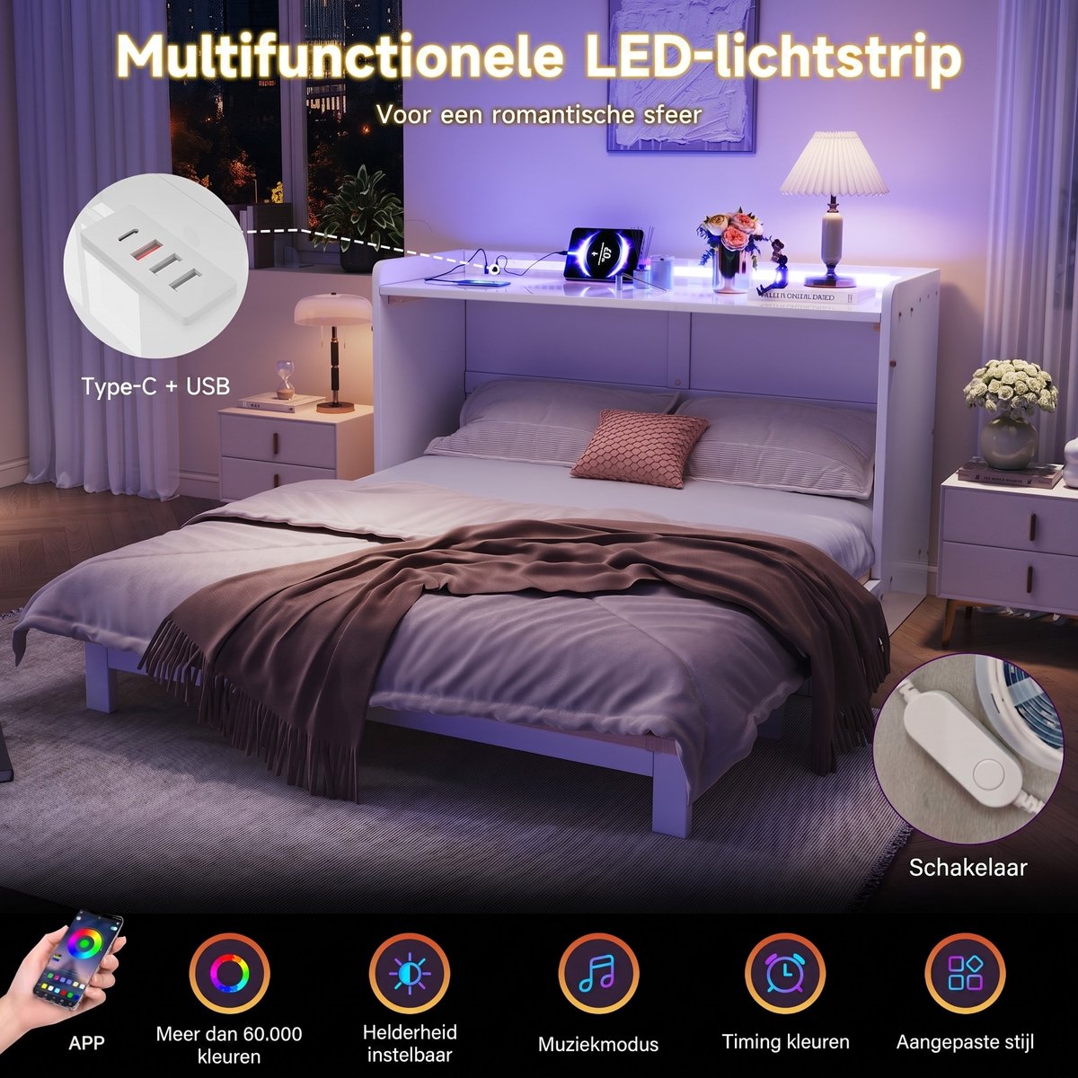 VVBV Opklapbed 140x200 – Vouwbed – Ruimtebesparend – Wit – Zonder Matras – Lades – Opbergruimte – LED-Verlichting – USB – Kledingkast White