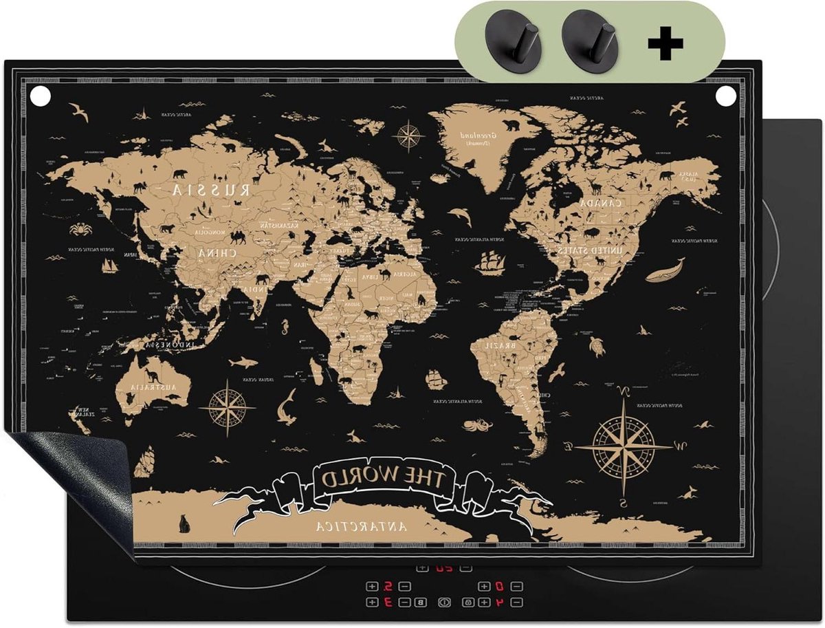 Inductie Beschermer - Kookplaat Mat - Keuken Decoratie - Unieke Fotodruk - 51x77 cm - Wereldkaart Beige