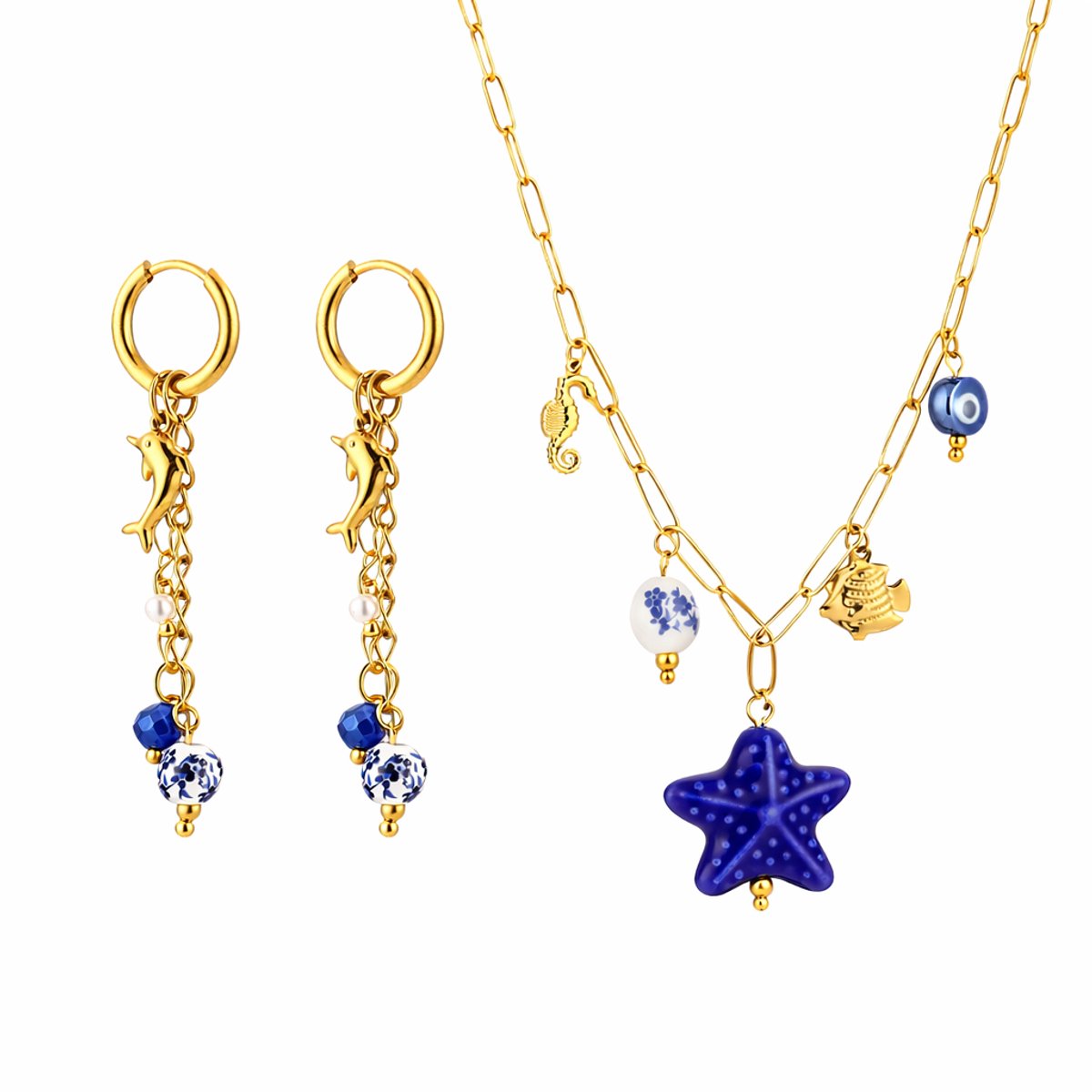 Michelle Bijou | Ketting Oorbellen Set " Zee" | 2 delig | Stainless steel - Blauw