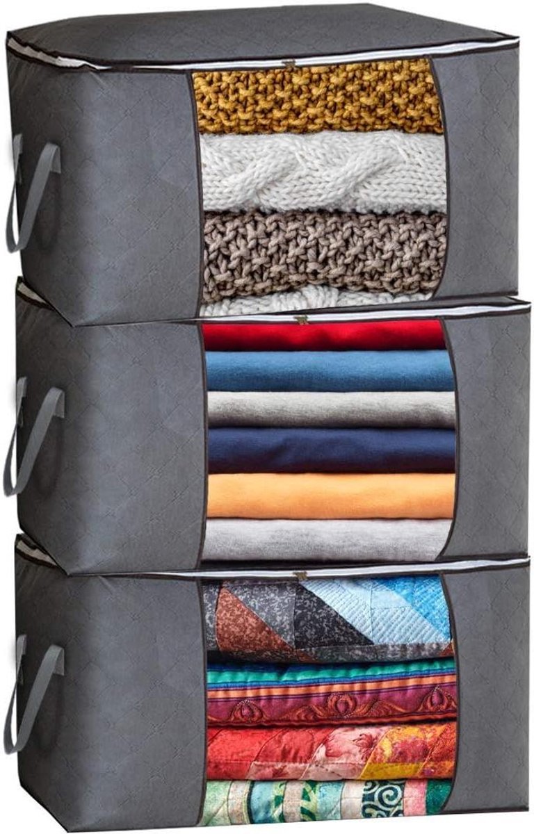 Kledingorganizer Set - Opbergbakken Dekens - Kast Opbergen - Met Deksel - 3 Stuks - Grijs