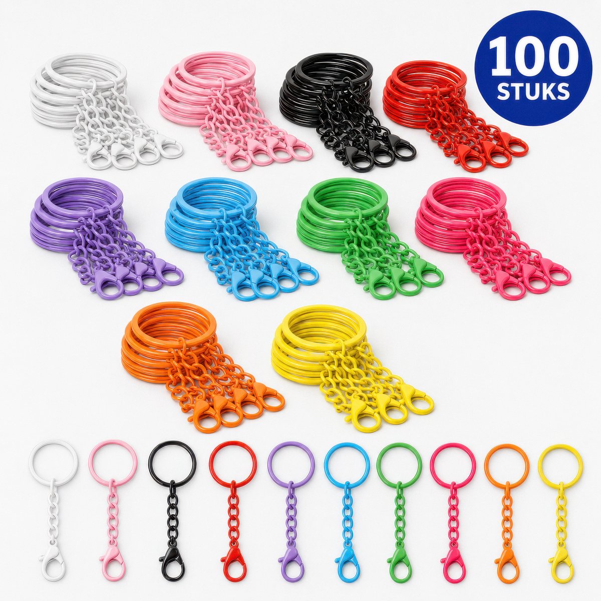 100 Stuks Sleutelringen met Ketting en Karabijnsluiting - Karabijnhaak Sleutelhangers met Sluitingen Hobby set - 25mm Sleutel Ringen - Mini Musketonhaak Keyrings Splitring - Keychain & Sleutellabels Sieraden Zelf Maken DIY Hangers voor Sieradenmaken