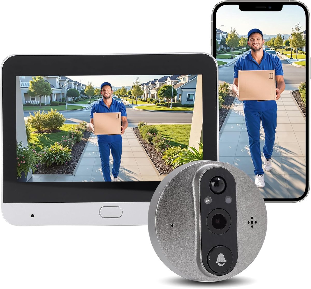 Draadloze Deurbel Camera - Beveiligingscamera Voordeur - Bezoekers Herkennen - 4.3 Inch Scherm - 1080p HD Resolutie - Zwart