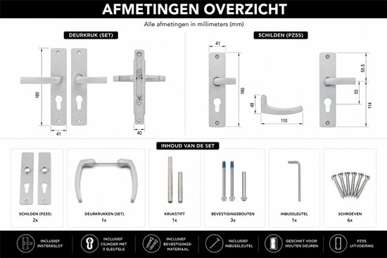 Afmetingen van deurkruk (180x41 mm) en schild (PZ55, 114x48 mm). Inhoud: schilden, deurkrukken, kruiftift, bouten, inbussleutel, schroeven.