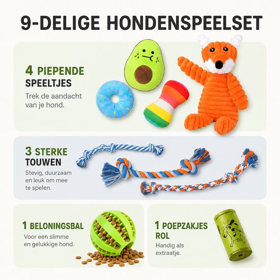 Een 9-delige set hondenspeeltjes met piepende speeltjes, sterke touwen en een beloningsbal.