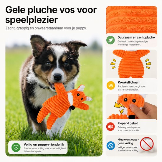Een puppy bijt in een oranje pluche vos speeltje, met close-ups van het speeltje en de textuur.