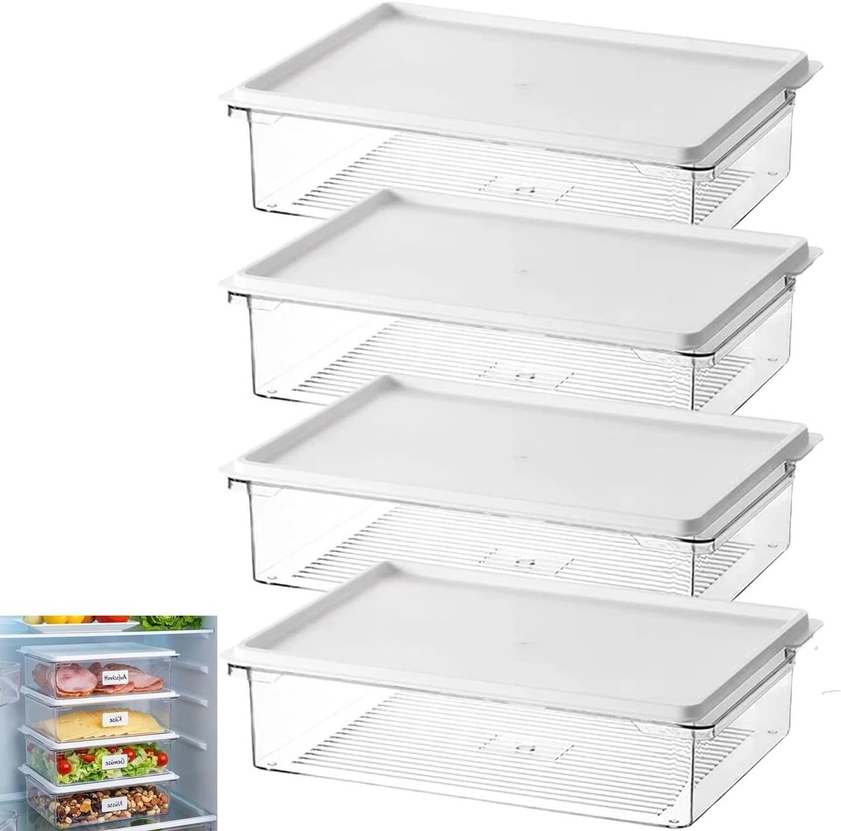 Set van Stapelbare Voedselopslagdozen - BPA-vrij, PET Koelkast Organizer met Deksel en Etiketten voor Vlees, Groenten, Kaas en Noten (4 Stuks)
