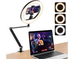 10 Inch Desk Ring Light with Stand and Phone Holder, Overhead Tripod, Ring Light, Video Conference Light with Adjustable Desk Arm Stand for YouTube, TikTok, Work for Phone, Webcam