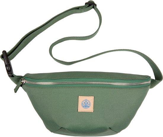 Sac banane vert avec fermeture éclair et sangle réglable.