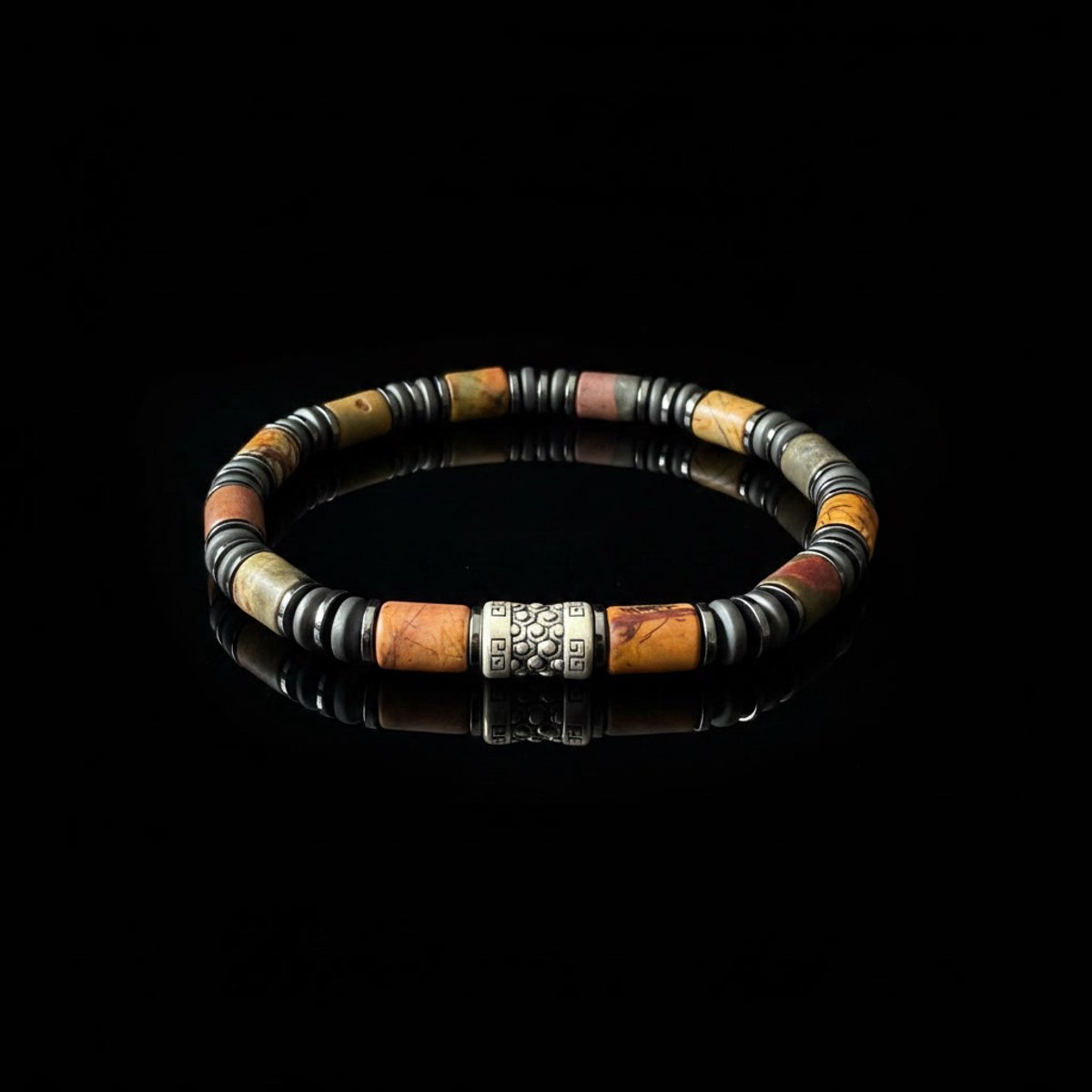 SilverArt Essential Bracelet - Grijze & Zwarte Picasso Jaspis - 925 Sterling Zilver - 21cm - Heren & Dames