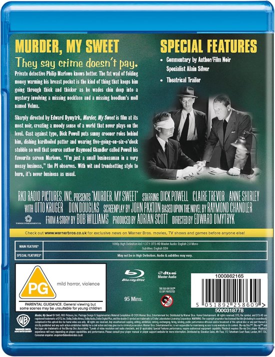 Achterkant van de Blu-ray hoes van Murder, My Sweet met filmdetails en speciale kenmerken. Drie mannen in pak staan op de foto.