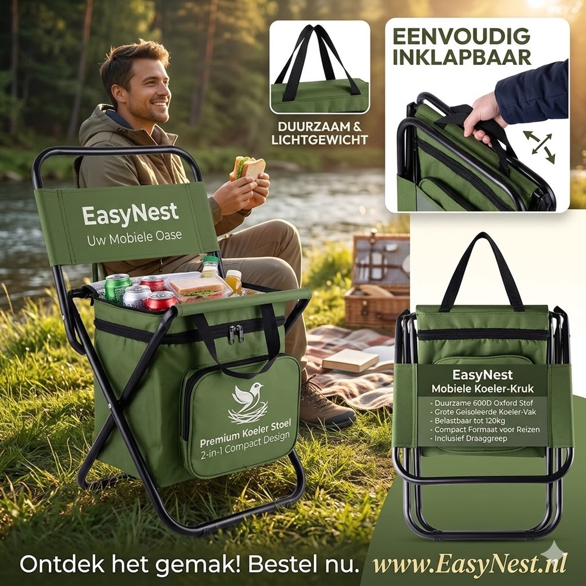 Opvouwbare Visstoel met Rugleuning & Thermische Tas – Campingstoel met Geïsoleerde Opbergtas – Draagbare Kruk voor Vissen, Camping & Outdoor