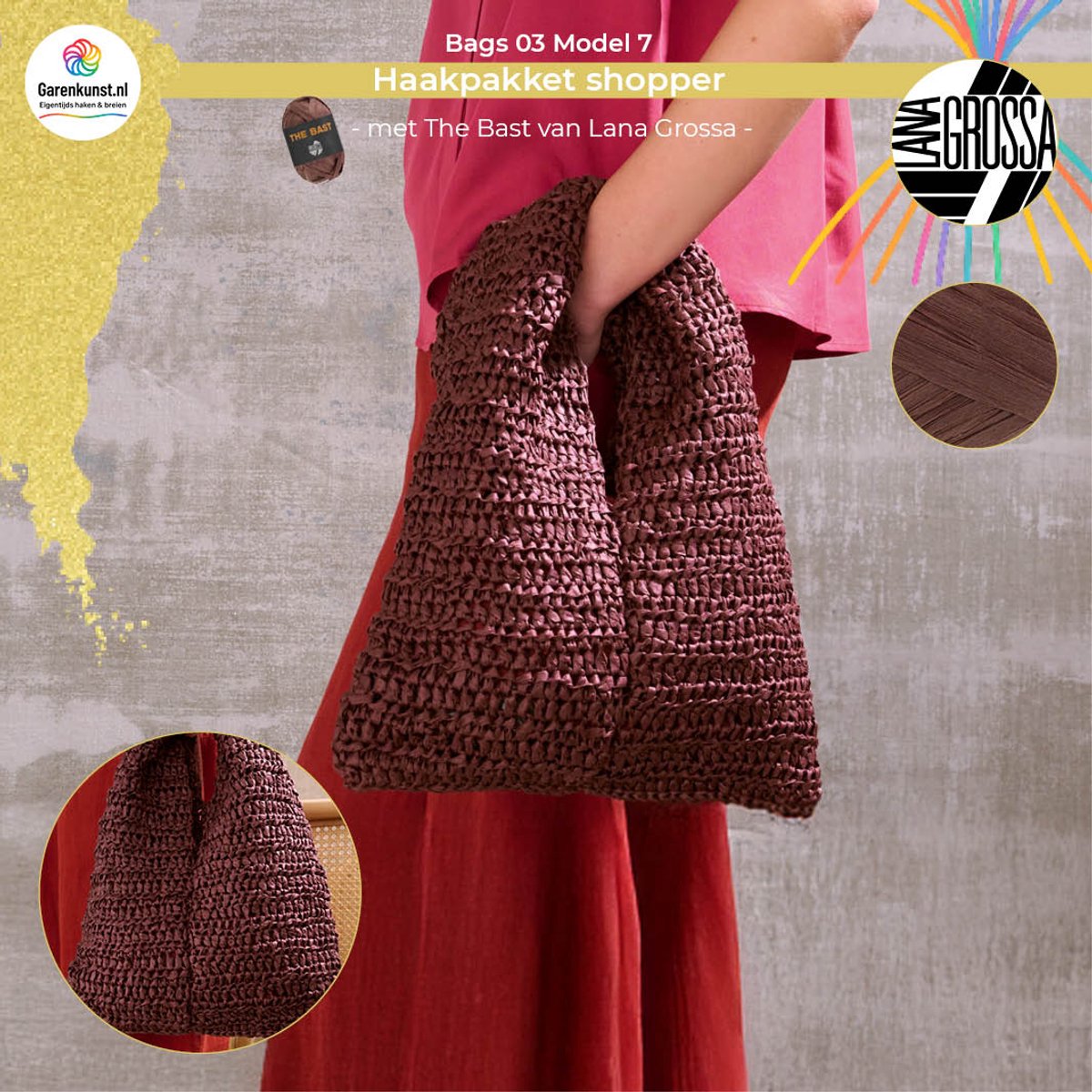 Garenkunst - Haakpakket shopper - The Bast Bags 03 | Lana Grossa – Model 7 - Bruinrood