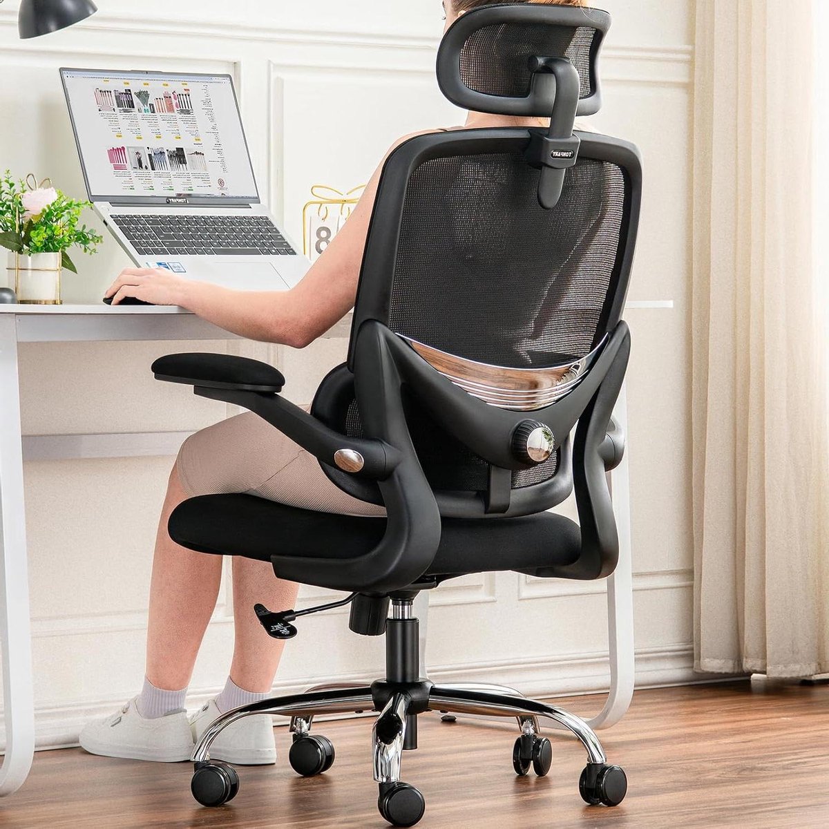Ergonomische bureaustoel - Comfortabele werkstoel - Thuiswerken - Verstelbare lendensteun - 155-185cm - Zwart