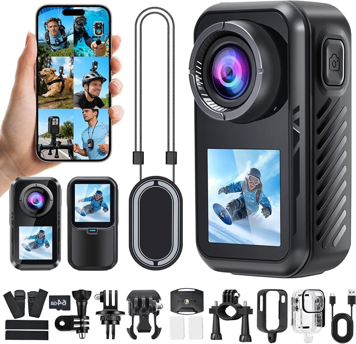 Actiecamera 4K - Outdoor camera - Avonturen vastleggen - Dubbel kleurenscherm - 30 meter waterdicht - Zwart