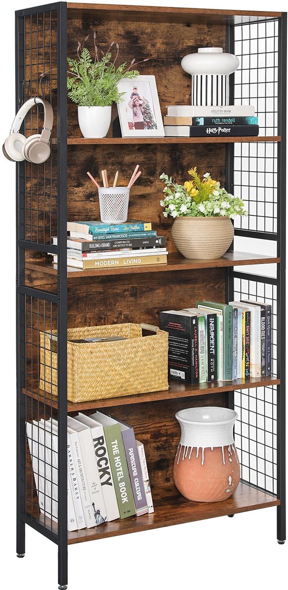 VASAGLE - Boekenkast - Met 4 Planken - 4 S-Haken - Industrieel Stalen Frame
