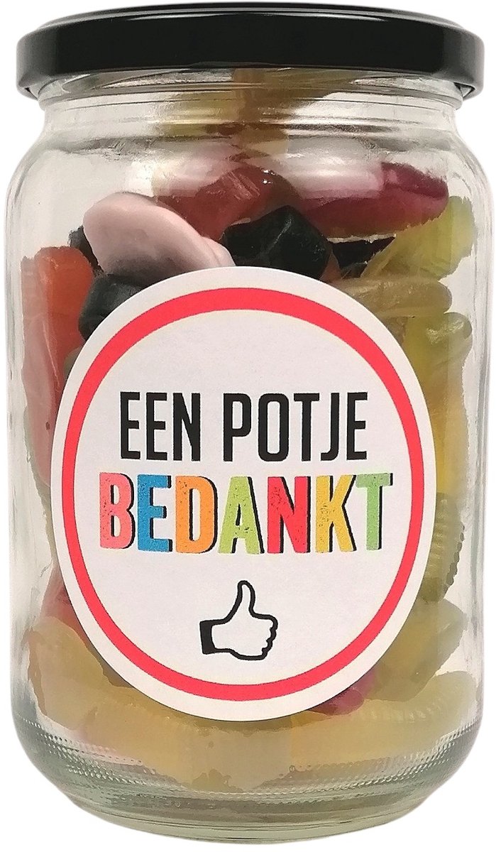 Cadeau Snoeppot “Een Potje Bedankt” - Inclusief 400 gram Winegum snoepmix - Origineel Bedankje & Cadeau - Vriendelijk Bedankt Cadeautje & Attentie - Leuk Bedankje voor Juf, Meester of Collega