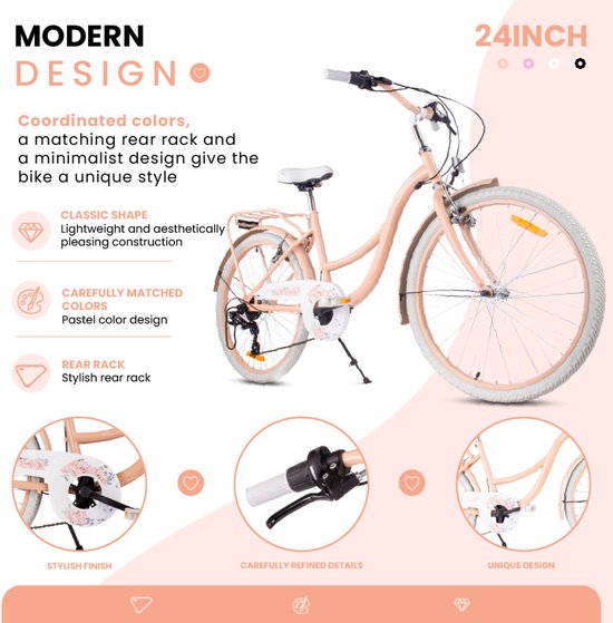 Flower Bike Kinderfiets 24 inch meisjes van 8 tot 12 jaar, Abrikoos, Fiets voor een meisje met 7 versnellingen, bagagedrager, metalen spatborden, V-brake, kettingkast van Flower Bike — afbeelding 4