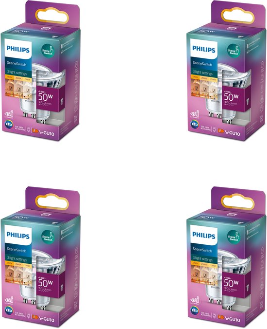 Philips SceneSwitch LED spots 50W met 3 lichtinstellingen, GU10 fitting. Verpakking van 4 stuks.