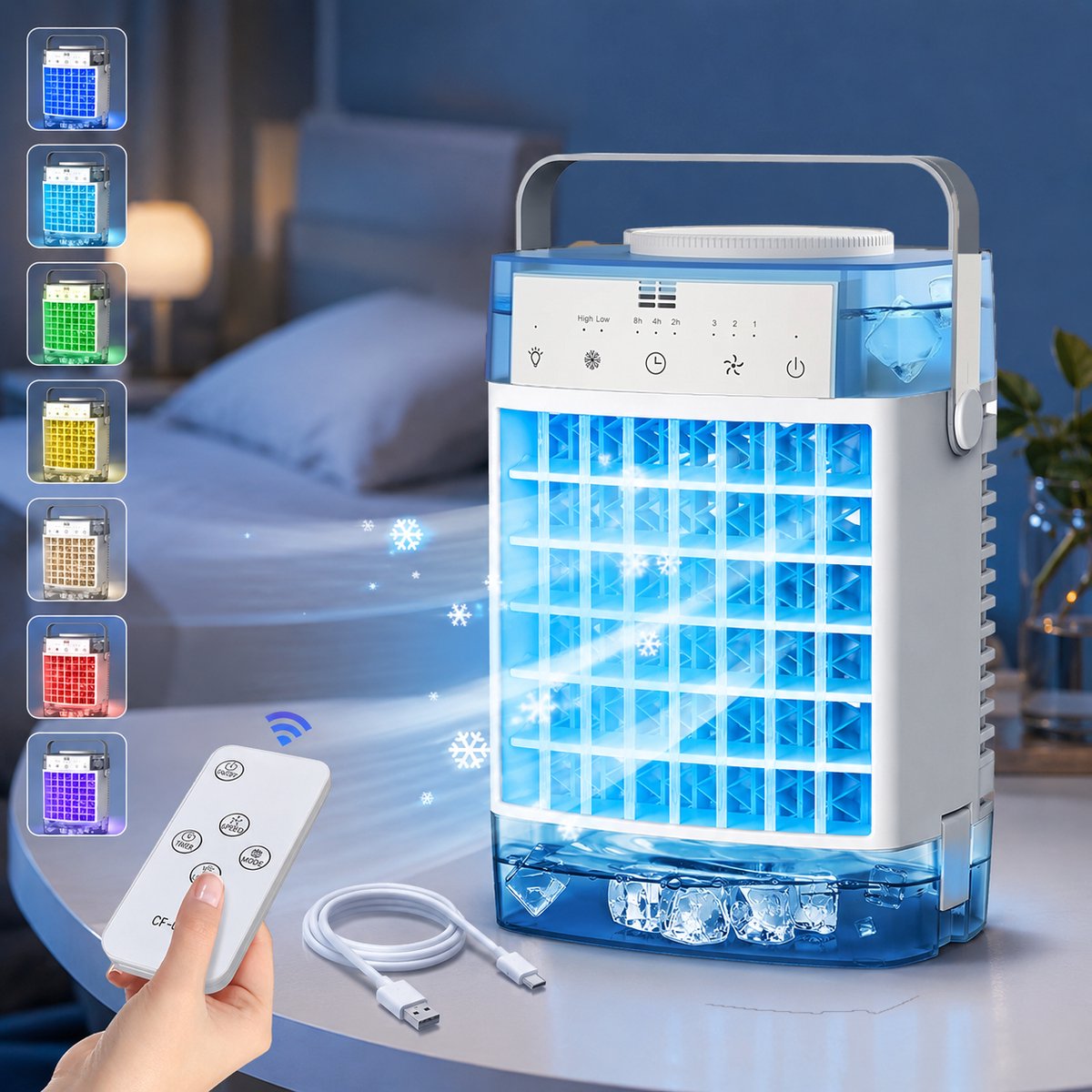 MUPOO Aircooler met Water Zonder Afvoerslang – Mobiele Mini Luchtkoeler 4-in-1 met 1600ml Dubbele Watertank-Koelgordijn- 2 Miststanden-Afstandsbediening-Timer-3 Snelheden& 7 Kleuren Nachtlicht-luchtkoelers voor Slaapkamer,Kantoor Camping-Blauw