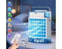 MUPOO Aircooler met Water Zonder Afvoerslang – Mobiele Mini Luchtkoeler 4-in-1 met 1600ml Dubbele Watertank-Koelgordijn- 2 Miststanden-Afstandsbediening-Timer-3 Snelheden& 7 Kleuren Nachtlicht-luchtkoelers voor Slaapkamer,Kantoor Camping-Blauw