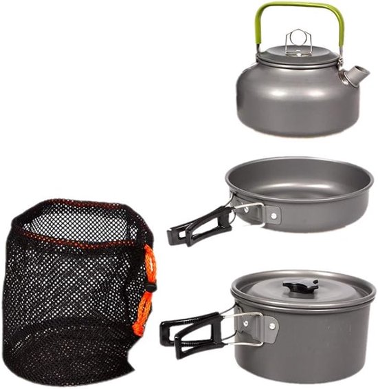 Camping kookset 2-3 personen – Opvouwbare camping pannenset met steelpan, kookpan & theepot – Lichtgewicht outdoor kookgerei voor kamperen, wandelen & picknick — afbeelding 4