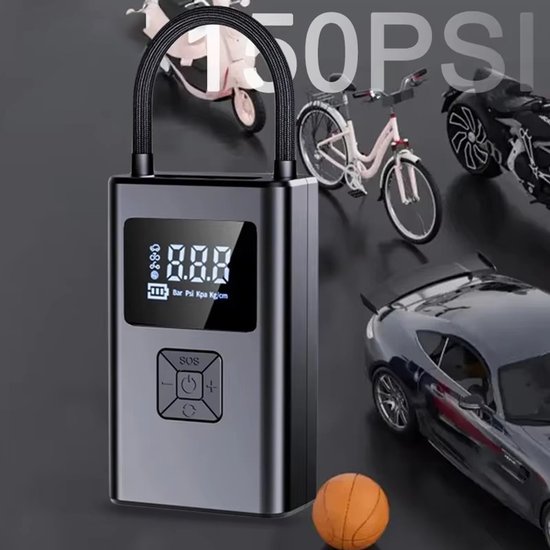 EAFC Elektrische Fietspomp - Luchtcompressor - 4500 mAh Powerbank - Compressor - Bandenpomp Auto - Elektrische Bandenpomp - Luchtpomp - Universeel - Oplaadbaar & 12V - 35l/min - SOS Lamp - Noodpakket - Incl. Hoes — afbeelding 5