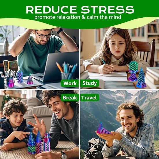 Mensen gebruiken fidget speelgoed in paars, groen en blauw voor werk, studie, pauze en reizen.